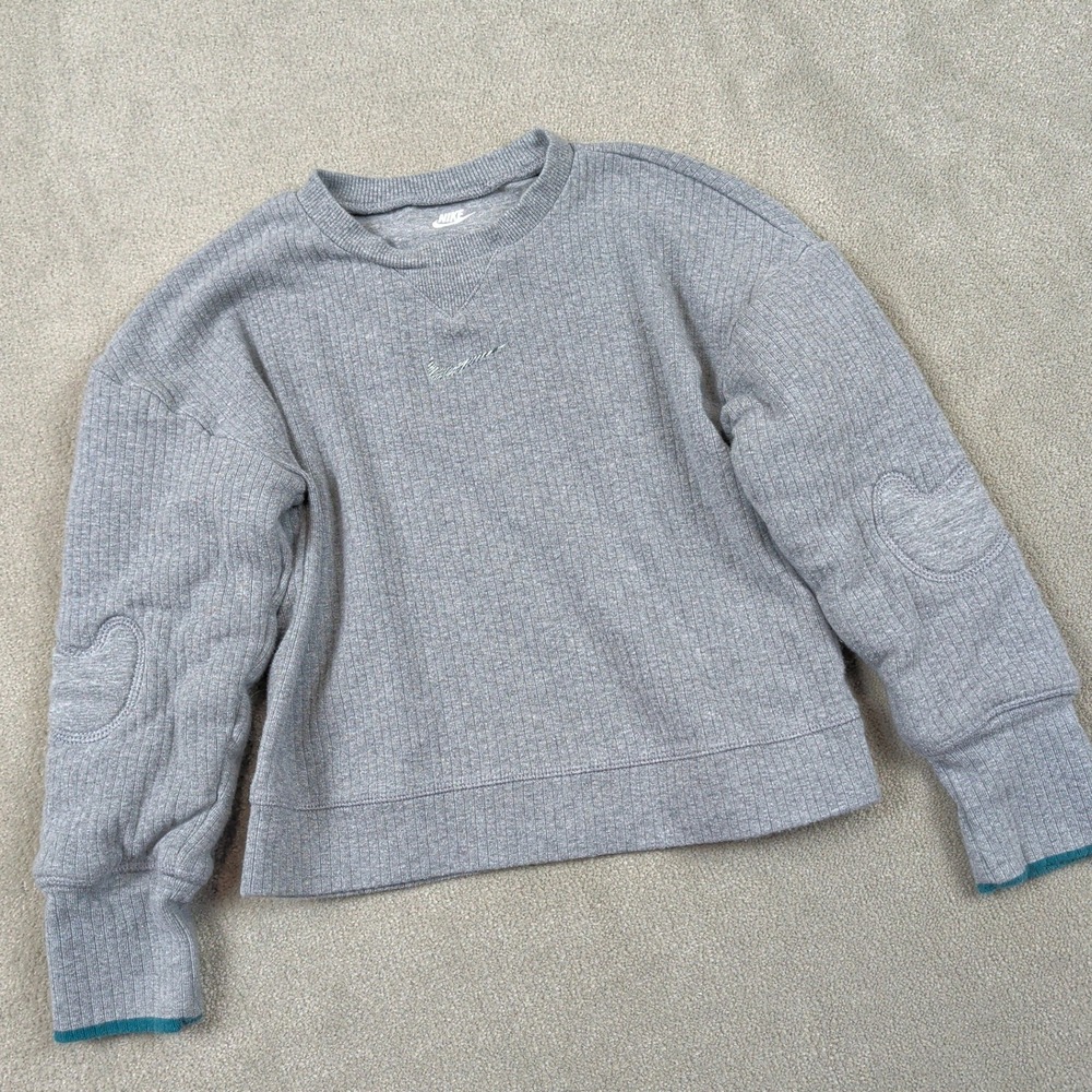 Nike Sweatshirt 4T Kids Gray Ribbed Crewneck Swoosh Pullover Elbow Patches